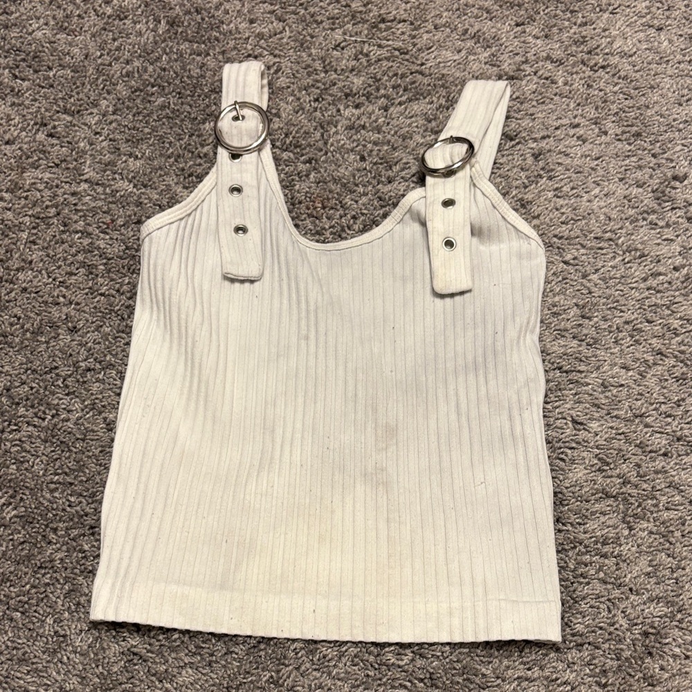 Chic White Ribbed Tank Top with Metal Accents